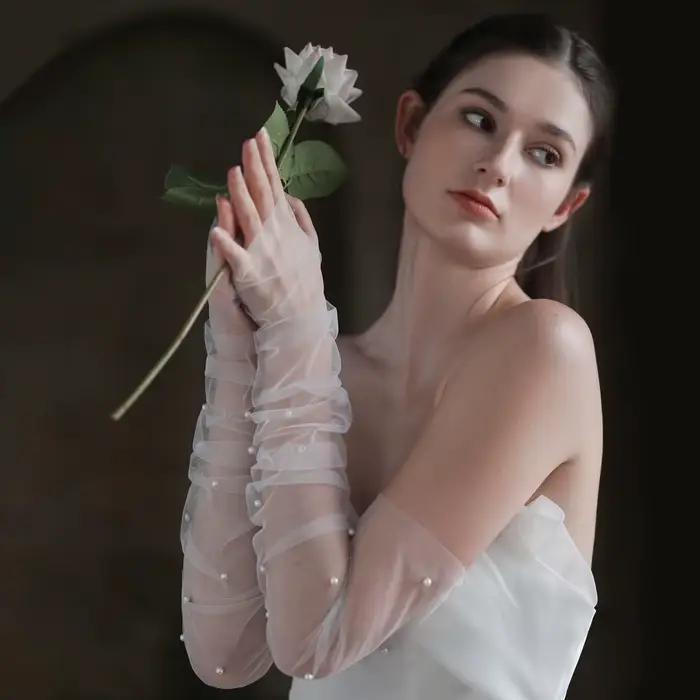 WG052 mariage sans doigts blanc/noir gants longs Tulle perles mariées demoiselle d'honneur manches femmes concours bal Handschuh