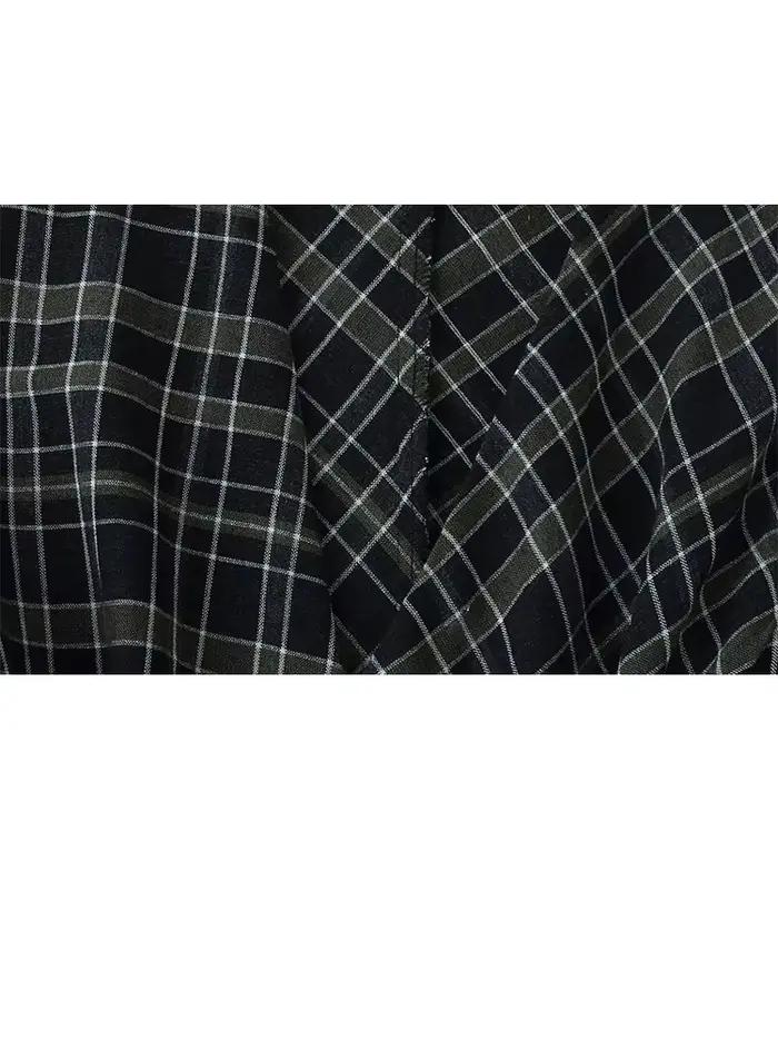 HH femme élégante col en v Plaid plissé décoration manches longues robe mi-longue femme mode taille haute ourlet asymétrique robe mince