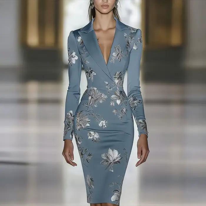 Femme vêtements robes 2025 printemps imprimé fleuri moulante élégante robe de soirée automne à manches longues col