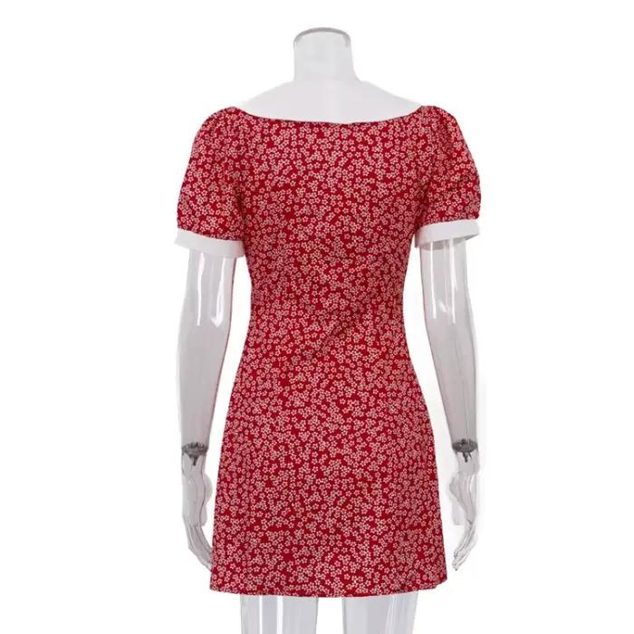 Robe moulante courte à imprimé floral style français élégante pour femmes été décontractée vintage col Peter Pan manches courtes boutonnée occassions spéciales