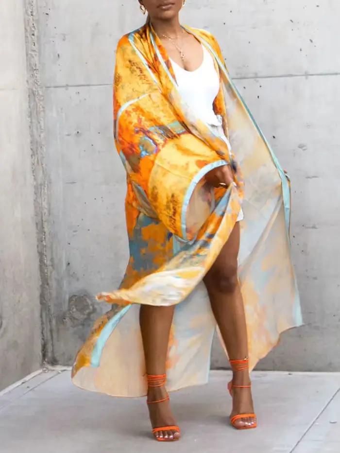 Robe caftan pour femmes, Cardigan imprimé de Style ethnique, Kimono, vêtements d'extérieur, imitation soie imprimée, mode décontractée, Poncho, grande taille