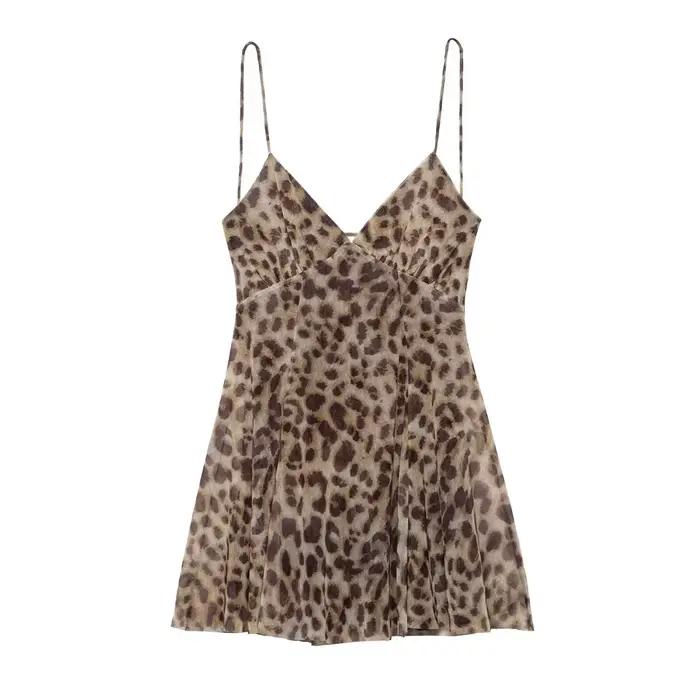 Nouvelle Robe Léopard Femme Été Mini en Tulle Imprimé Dos Nu Vintage Maille Sans Manches Chic pour Vacances