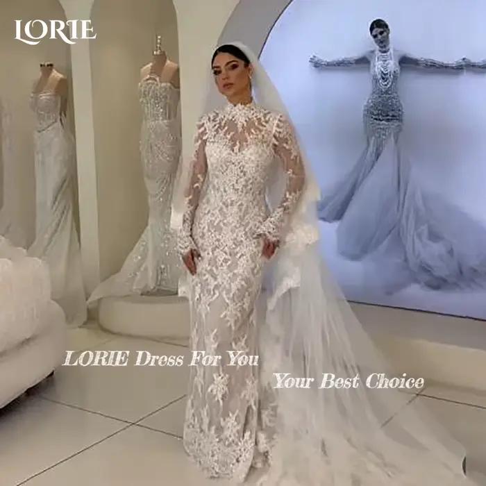 LORIE dentelle plage robes de mariée 3D Floral Applique col haut détachable Train sirène robe