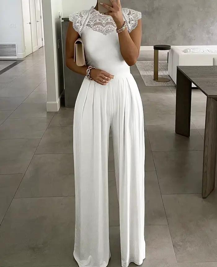 Combinaison blanche élégante en polyester avec coutures en dentelle pour femmes, mode, barboteuse, vêtement de soirée, pantalon ample, décontracté, salopette pour occasions spéciales