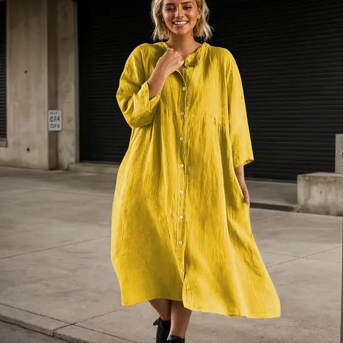 Robe trapèze boutonnée à manches longues et col rond pour femmes