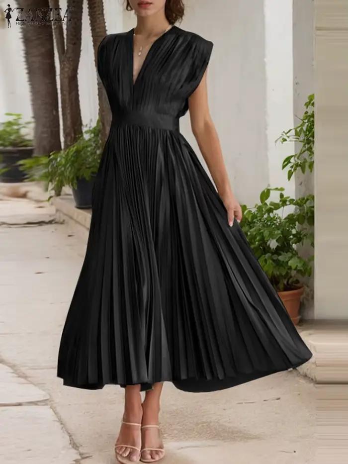 ZANZEA Femme élégante plissée a-ligne robes longues mode col en v sans manches taille haute fête