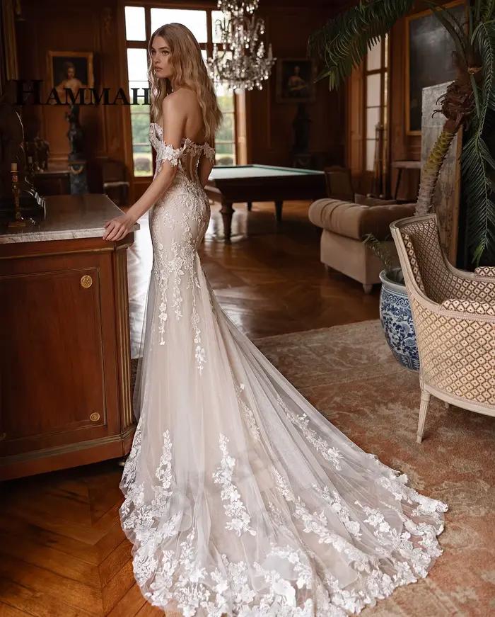HAMMAH élégant hors De l'épaule robe De mariée fermeture éclair dentelle Appliques sirène chapelle Train chérie robes De Novia personnalisé