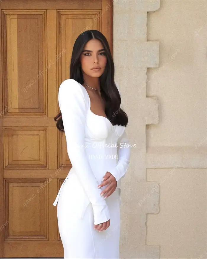 Qanz-Robe de Mariée Sirène en Satin Blanc à Manches sulfpour Femme