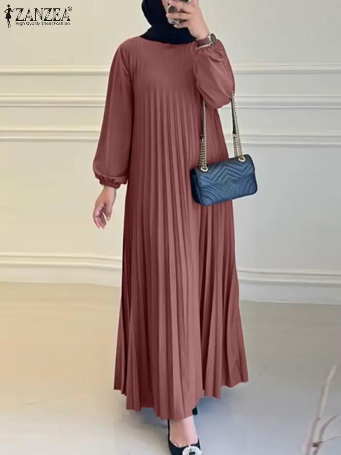 2025 ZANZEA automne robes élégantes femmes col rond à manches longues Robe d'été musulmane dubaï Abaya