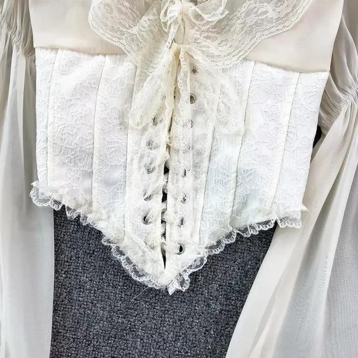 Chemisier Chic femmes 2023 mousseline de soie dentelle à lacets Patchwork élégant Blusas broderie Blouses pour femme cour française rétro livraison directe