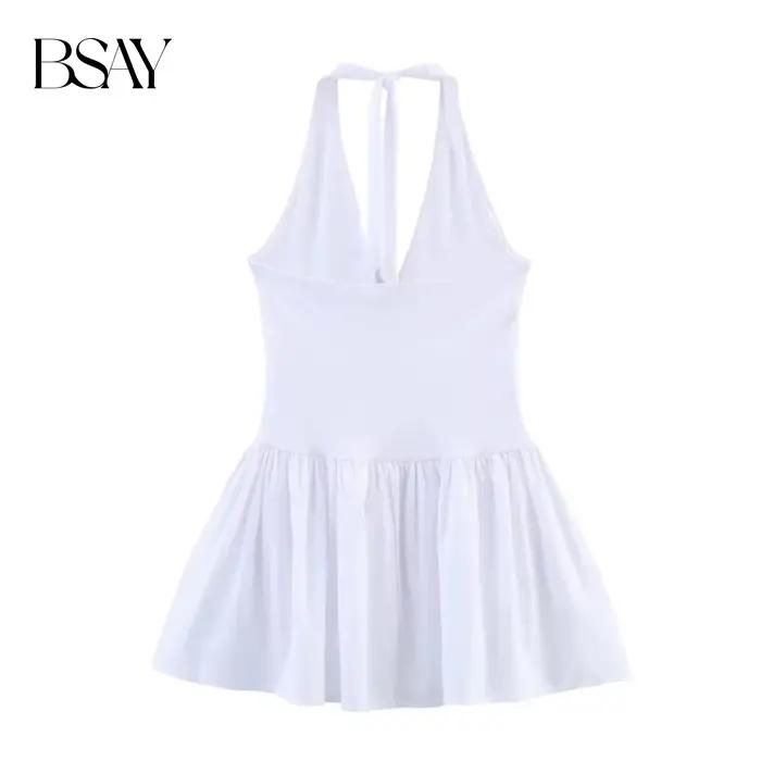 BSAY robe pour femmes mode été nouvelle couleur unie licou col en v dos nu Mini robes français Chic femme vêtements de soirée