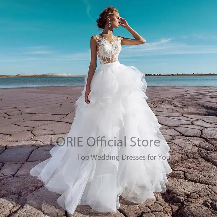 LORIE-Robe de Mariée Vintage, Jupe Amovible, Col Rond, Appliques en Dentelle et Tulle, Deux Pièces, à Volants, Personnalisée