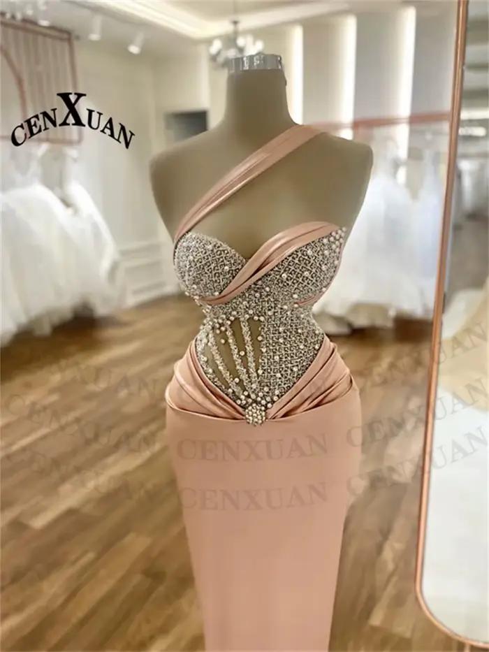 CENXUAN glamour sirène Robes De soirée 2025 femme avec perles une épaule longueur De plancher plissé