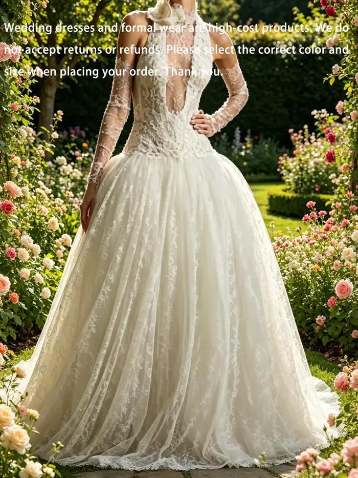Robes de mariée de luxe à col haut sans manches en dentelle florale