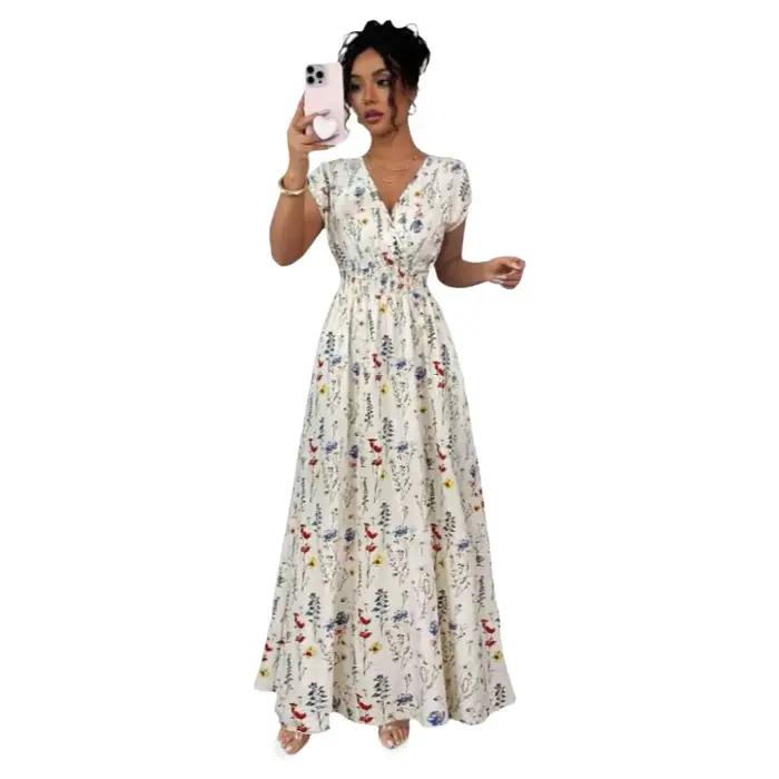 Robe longue élégante à col en V style français