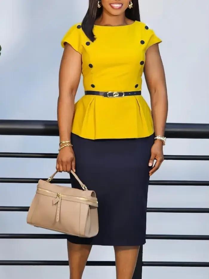 Robe tenue de bureau pour femmes col incliné professionnel manches trois quarts ceinture taille gaine paquet hanches