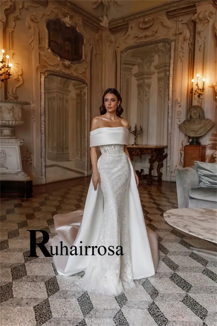 Ruhair robes De mariée fantaisie pour femmes sirène à lacets hors De l'épaule paillettes Court Train Vestido De Casamento personnalisé