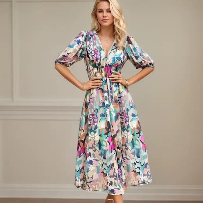 Robe Longue en Mousseline de Soie à Manches Lanternes pour Femme
