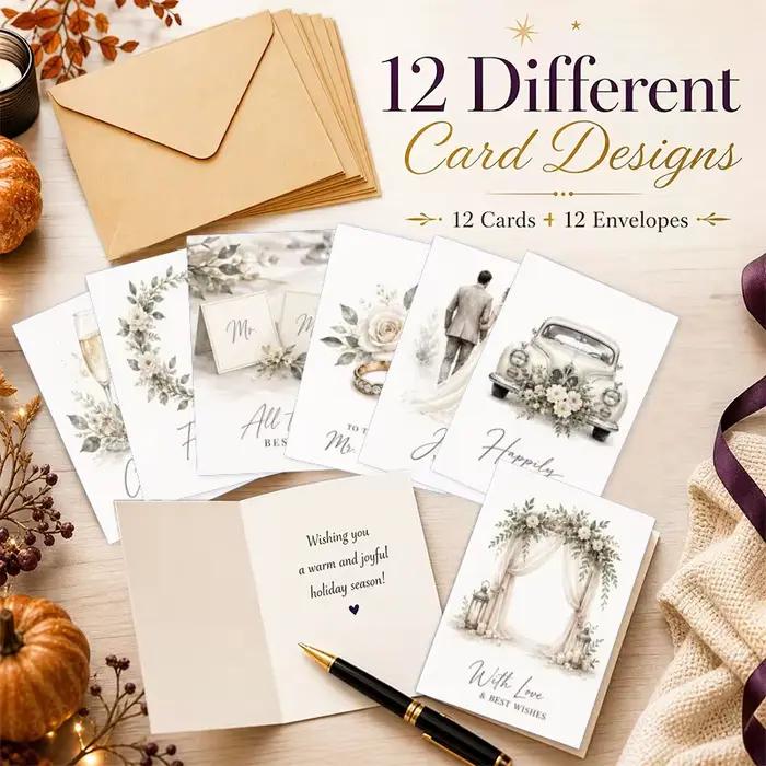 12 cartes + 12 enveloppes, cartes cadeaux vierges pour fête prénuptiale, fiançailles, mariage avec 12 enveloppes kraft, cartes à l'aquarelle motif eucalyptus