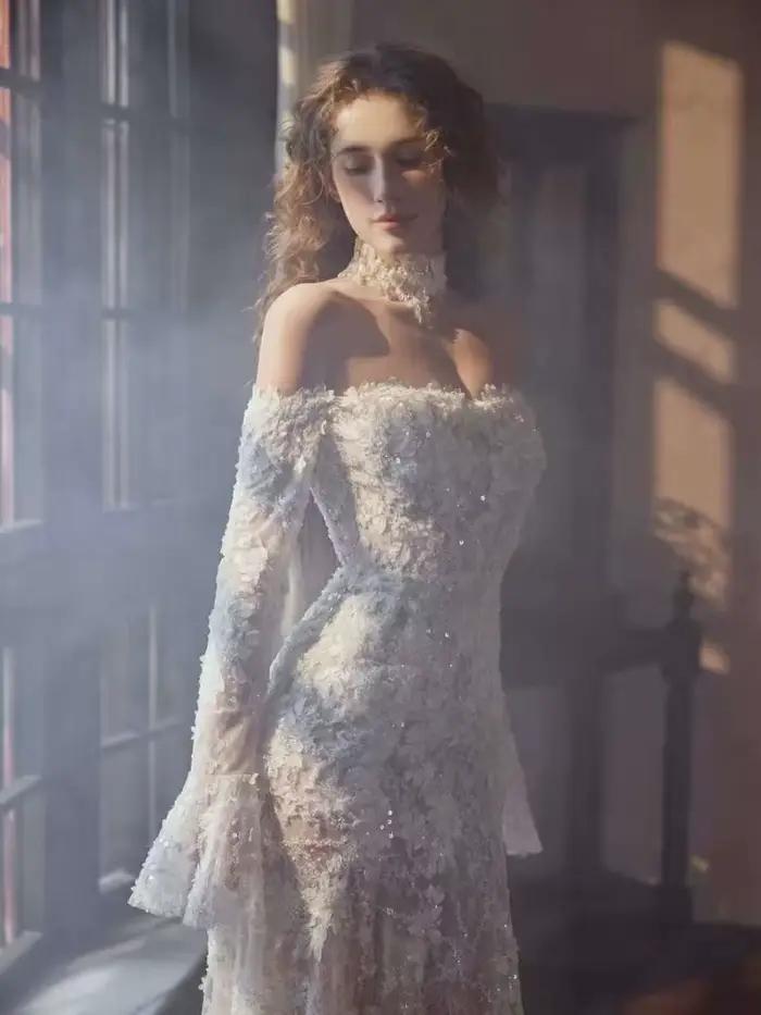 Robe de mariée sirène luxueuse sur mesure à manches longues pour femme