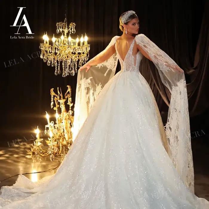 Magnifique robe de mariée trapèze 2026 luxe col en v 2 en 1 cape princesse