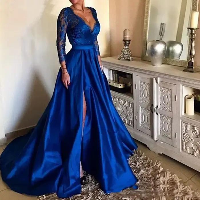 Robe De soirée trapèze royale pour femmes, tenue De soirée formelle en dentelle, élégante, manches longues, col en v, fendue sur le côté, robes De bal