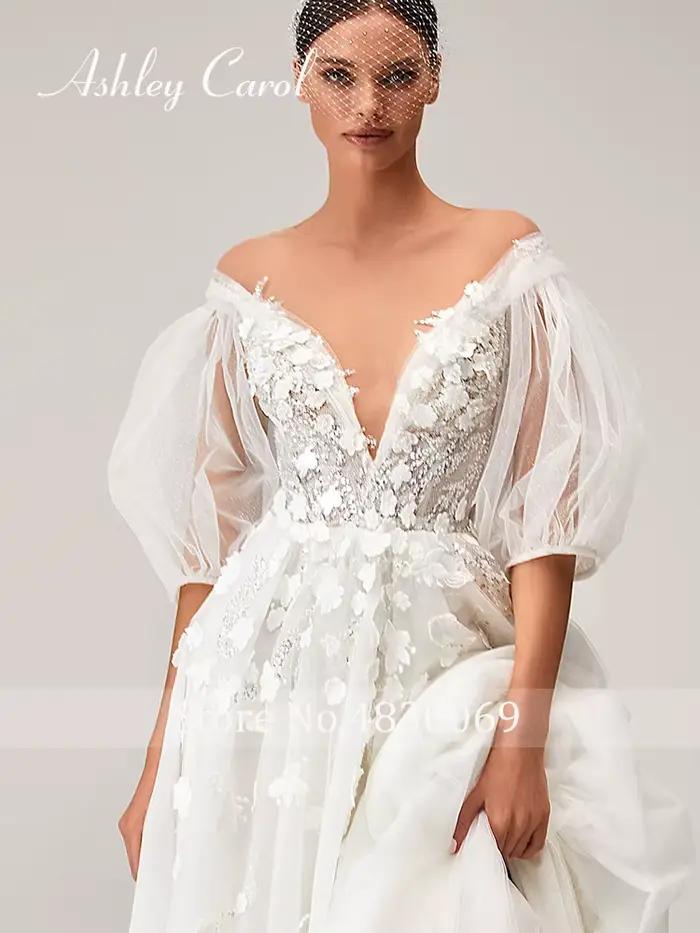 Ashley Carol-Robe de mariée sexy à col en V profond et manches bouffantes, robes de mariée A-Line, appliques de patients, fleurs, BO00-