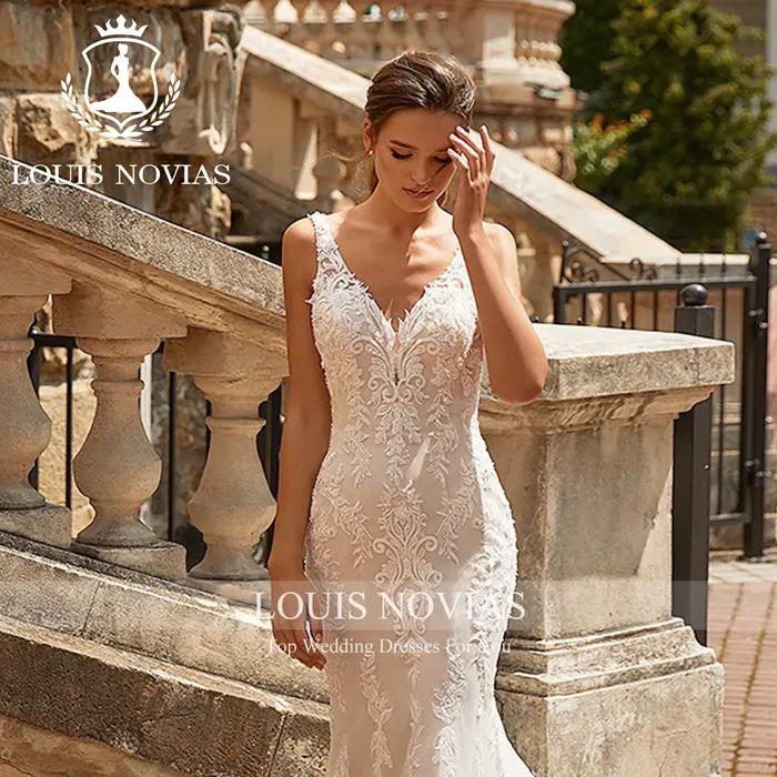 LOUIS NOVIAS robe De mariée sirène nouvelle chérie bretelles Spaghetti Appliques dos nu chapelle Train