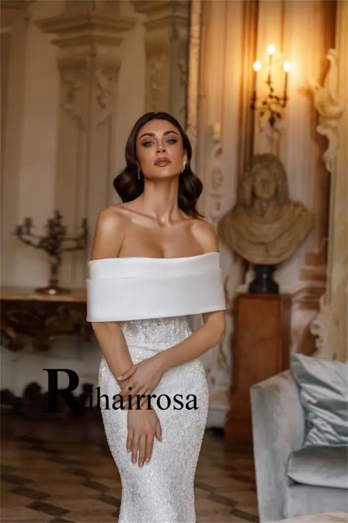 Ruhair robes De mariée fantaisie pour femmes sirène à lacets hors De l'épaule paillettes Court Train Vestido De Casamento personnalisé
