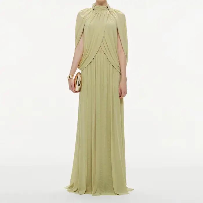 Robe longue plissée en mousseline chic pour femme élégante à manches volantées col rond printemps été occassions spéciales soirée晚会特殊场合女士长裙褶皱雪纺优雅无袖圆领春夏季节
