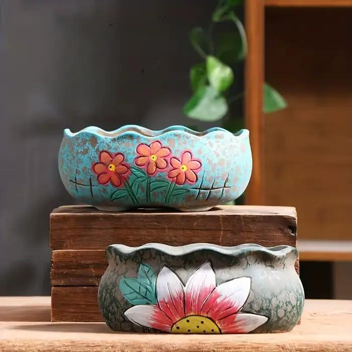Ensemble de pots à succulentes en céramique peints à la main, style vintage, grand pot ovale pour la culture intérieure et extérieure et les amateurs de jardinage