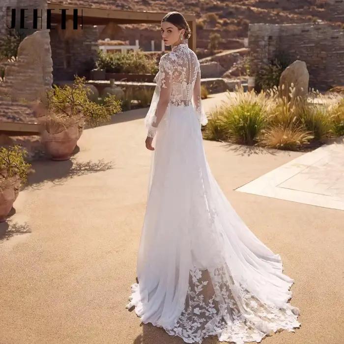 JEHETH Robe de Mariée Mousseline Coupe A Col Haut Illusion Manches Longues Lanterne Appliques Dentelle Florale 3D Intérieur Cœur Dos V Bas Traîne Cathédrale Shooting Villa Rustique Méditerranéenne Élé