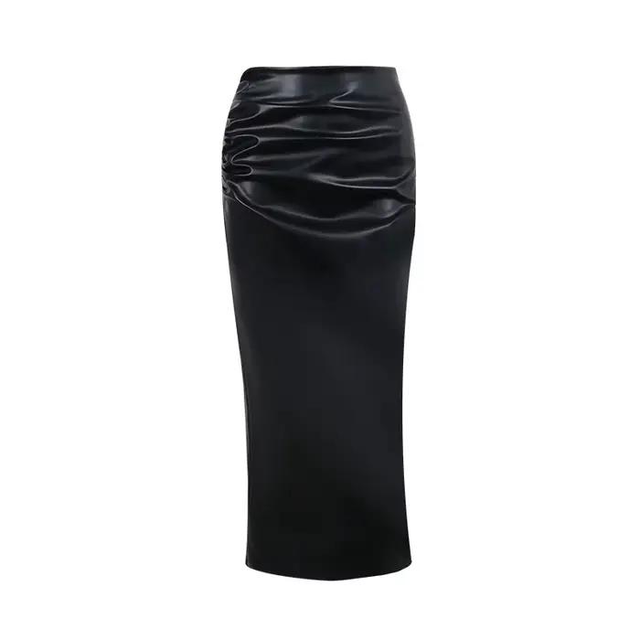 Jupe mi-longue fendue en Faux cuir pour femmes