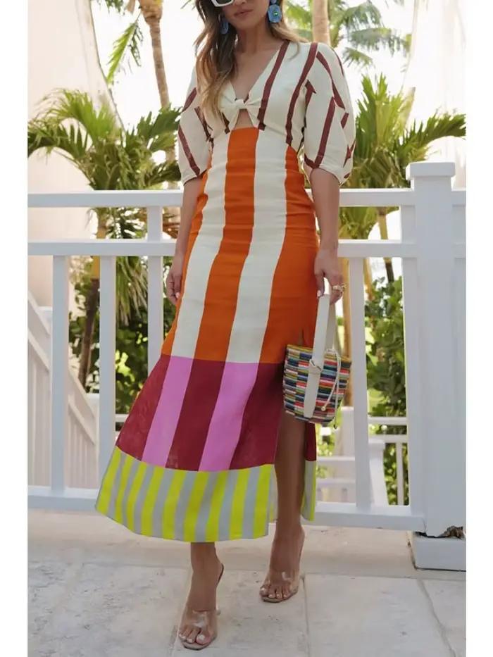 Robe en polyester chic imprimée longue col en V pour femmes occasions formelles vintage style