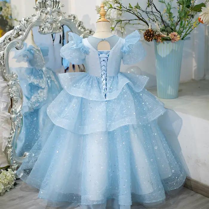 Robes de demoiselle d'honneur bleues Cendrillon, perles de luxe, anniversaire des petites filles, tout à plusieurs niveaux, appliques en dentelle, photographie des enfants, quoi que ce soit
