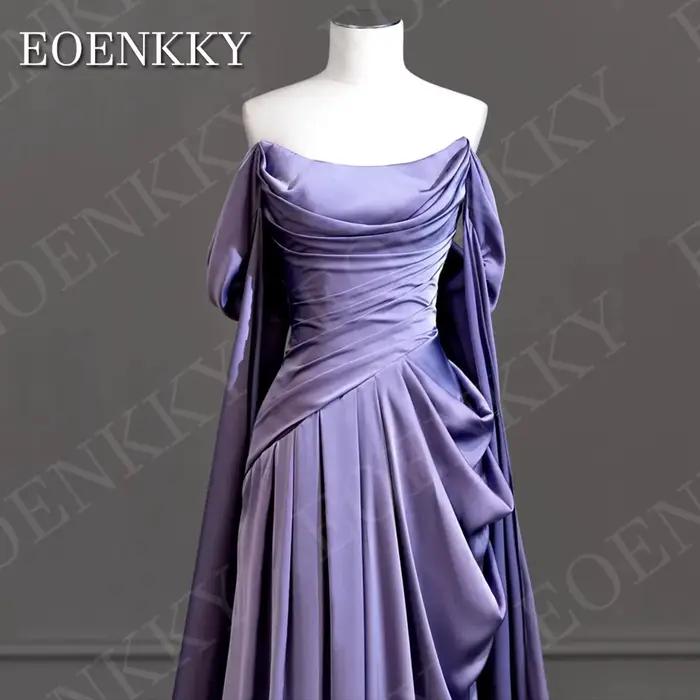 Robe de soirée EOENKKY épaules dénudées violette élégante coupe trapèze en satin plissé pour bal de promo avec manches