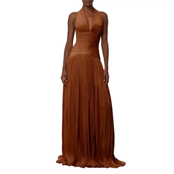 Robe de soirée marron en mousseline de soie