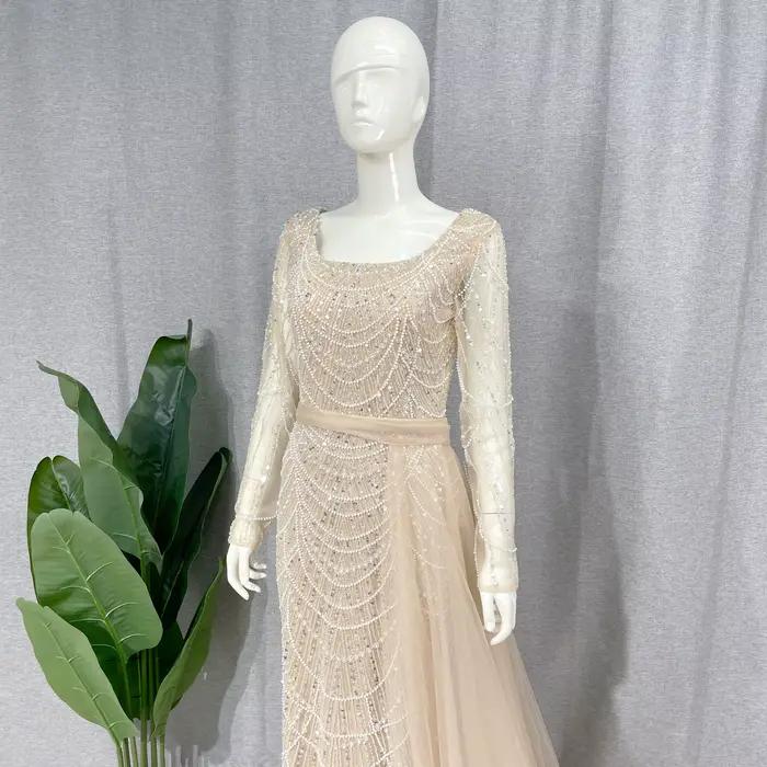 Robe Sirène Élégante à Manches avec Traîne Amovible pour Femmes Musulmanes, Paillettes, Perles, Soirée Officielle, Occasions Spéciales