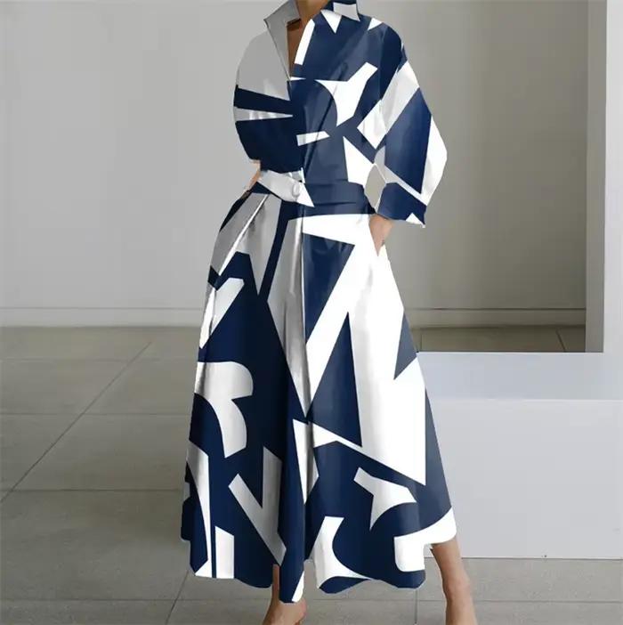 Robe élégante grande taille pour femmes, polyester, manches 3/4, col en V, revers, imprimé, décontractée, pour soirées, mariages, cocktails d'affaires