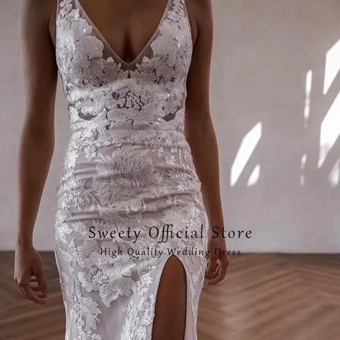 Robe De mariée sirène Vintage en dentelle brodée sur filet, col en v, sans manches, bouton arrière, personnalisée