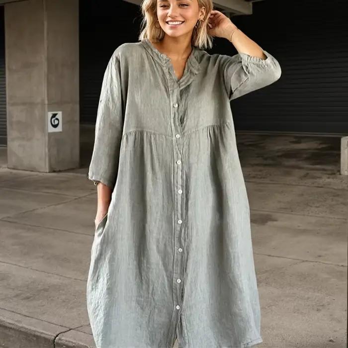 Robe trapèze boutonnée à manches longues et col rond pour femmes