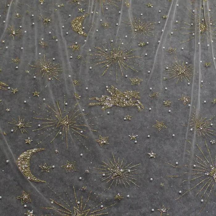 Cape de mariage personnalisée de luxe en perles avec étoiles et lune Pégase en paillettes dorées