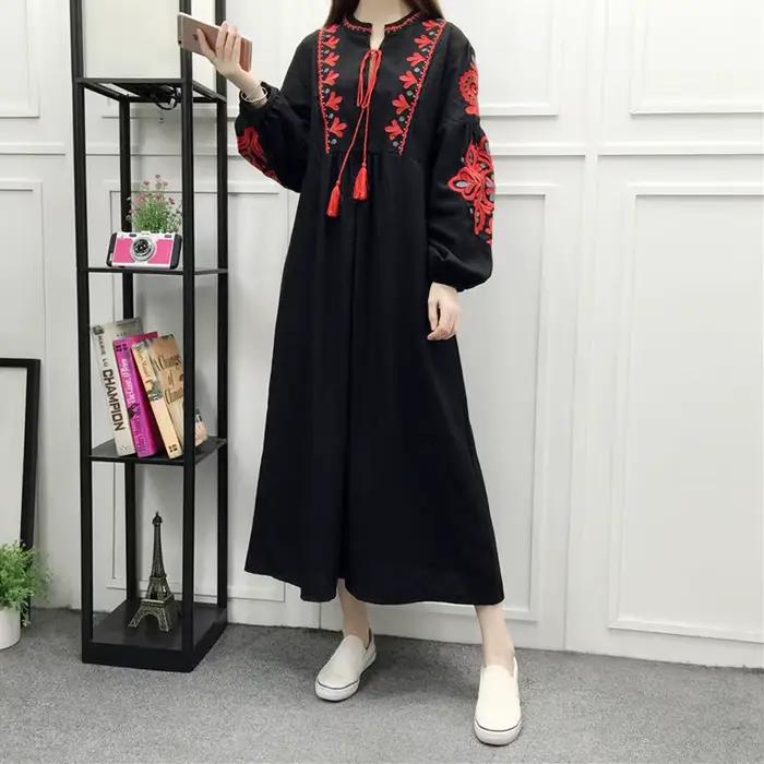 Longues robes Boho 2025 ethnique broderie florale col en v gland lanterne à manches