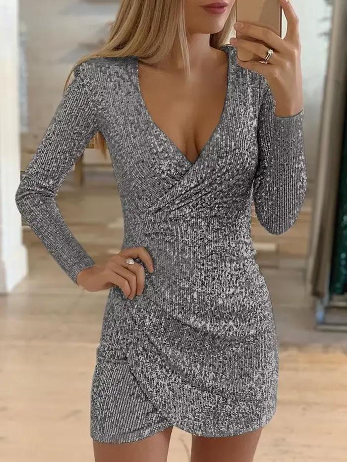 Robes pour femmes 2025 Sexy col en v profond argent paillettes Mini robe moulante printemps automne à manches longues robe de soirée femme