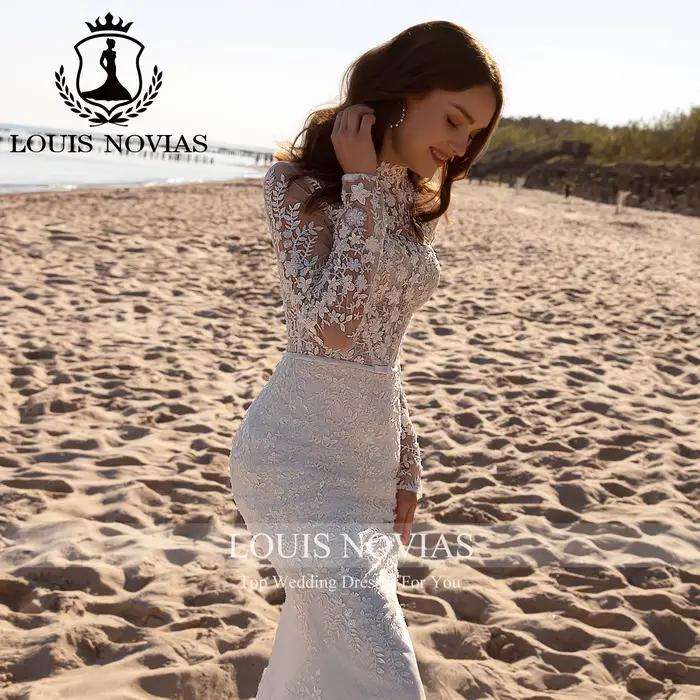 LOUIS NOVIAS robe De mariée sirène à manches longues licou Semi-Transparent paillettes broderie