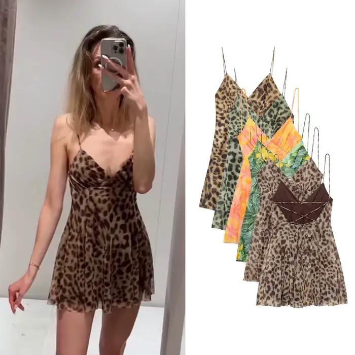 Nouvelle Robe Léopard Femme Été Mini en Tulle Imprimé Dos Nu Vintage Maille Sans Manches Chic pour Vacances