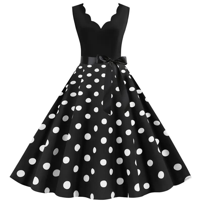 Femmes rétro robes d'été 50s 60s sans manches col en v à pois nœud boule cultivé fête Robe d'été Rob
