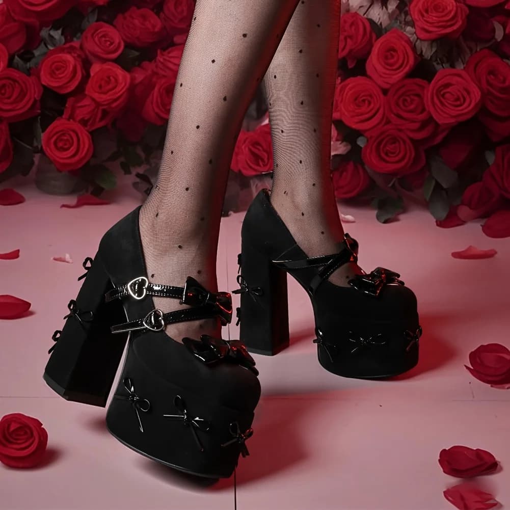 Femmes Mary Jane talons noir plate-forme talons épais Goth plate-forme chaussures gros talon haut Ma