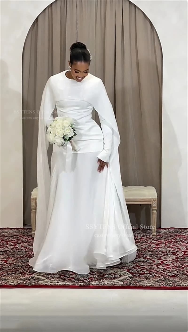 Robes de mariée simples et modestes SSYTENS pour les mariées, col rond, cape, robes de mariée formel
