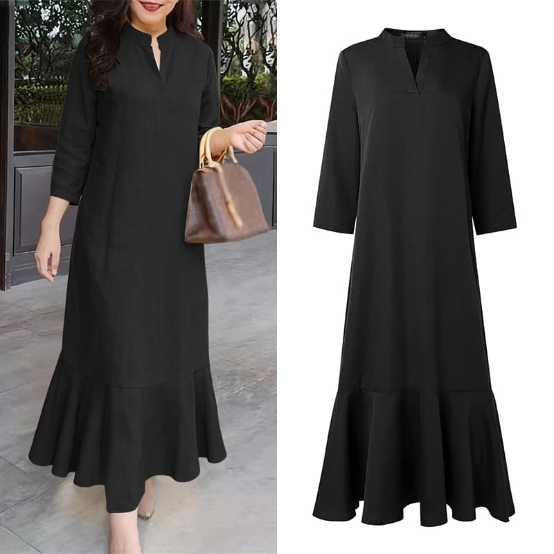 ZANZEA Robe longue élégante unie pour femme, col en V, manches 3/4, ourlet à volants, robe maxi déco
